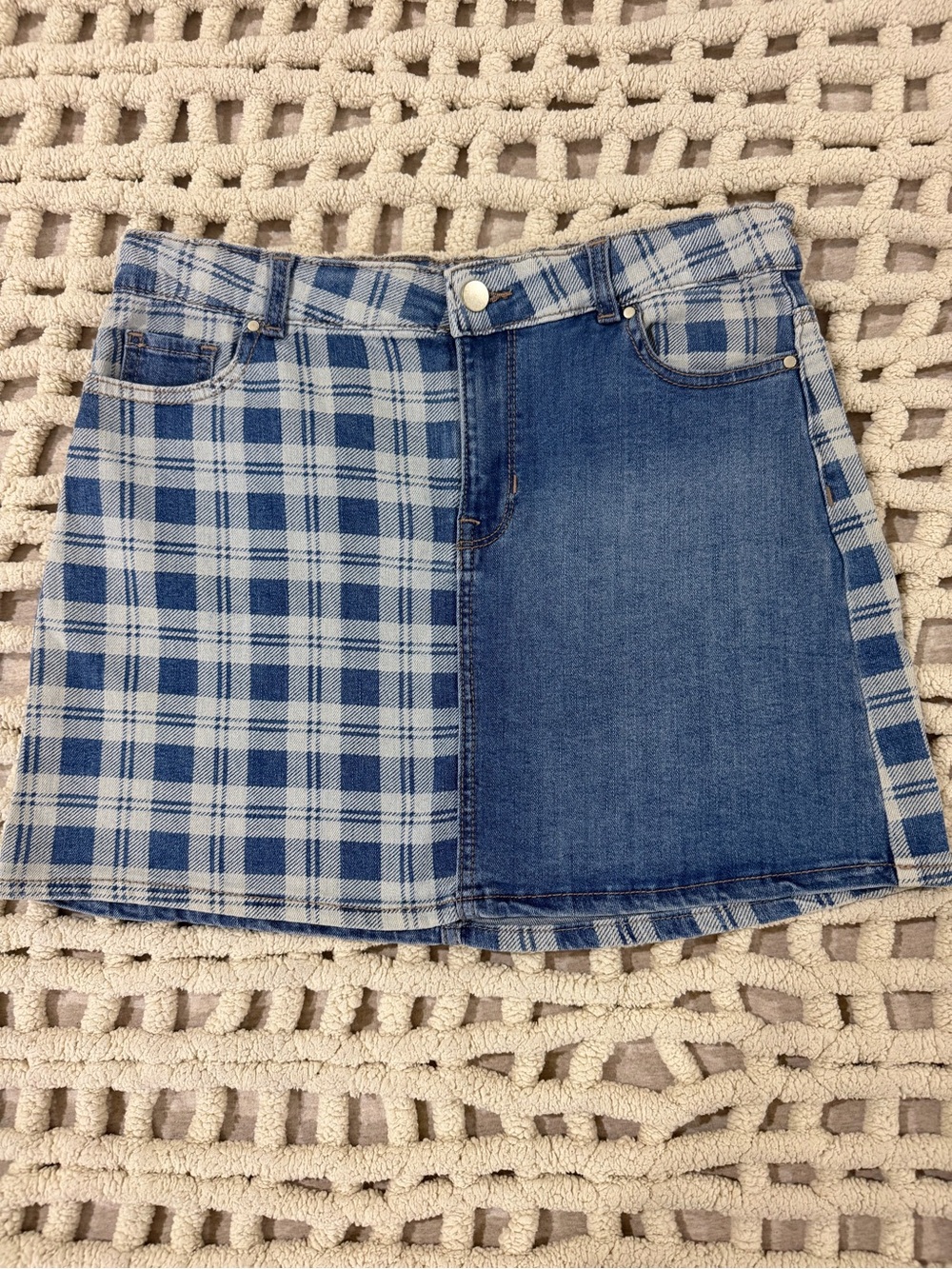 Blue Plaid and Denim Patchwork Girl’s Mini Skirt #0214